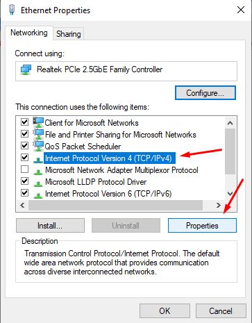 a picture of the properties menu with the IP v4 properties highlighted